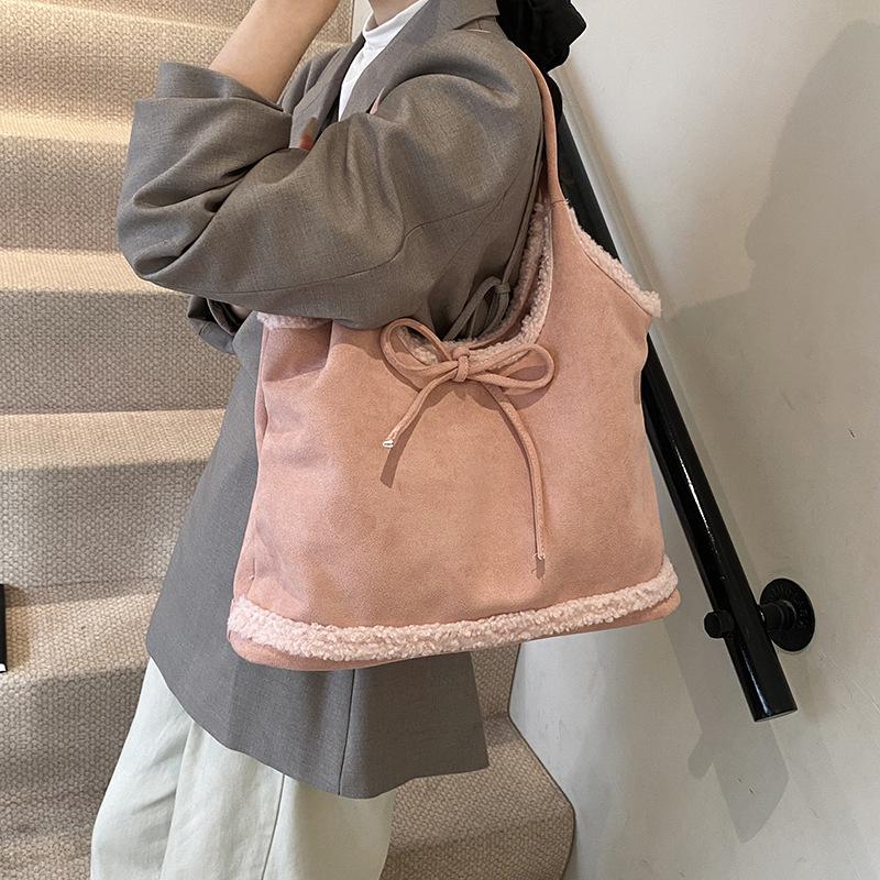 Lamb Wool Splicing Armpit Bag Bow Retro Lazy Large Capacity Shoulder Commuter Tote Bag