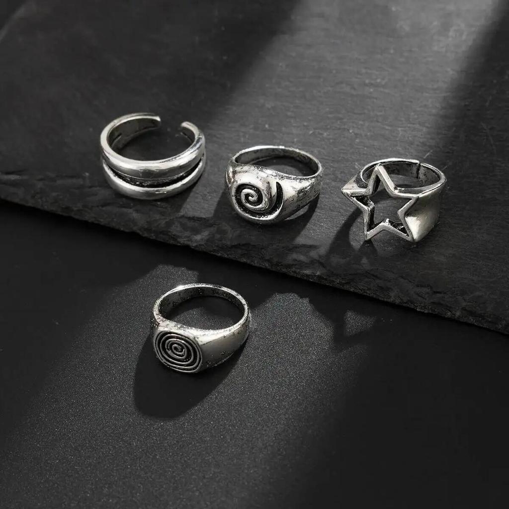 Ingemark 4Pcs/Set Punk Retro Five-Pointed Star Spiral Wide Rings Men Creative Hip-Hop Thick Finger Rings Set Steampunk Jewelry