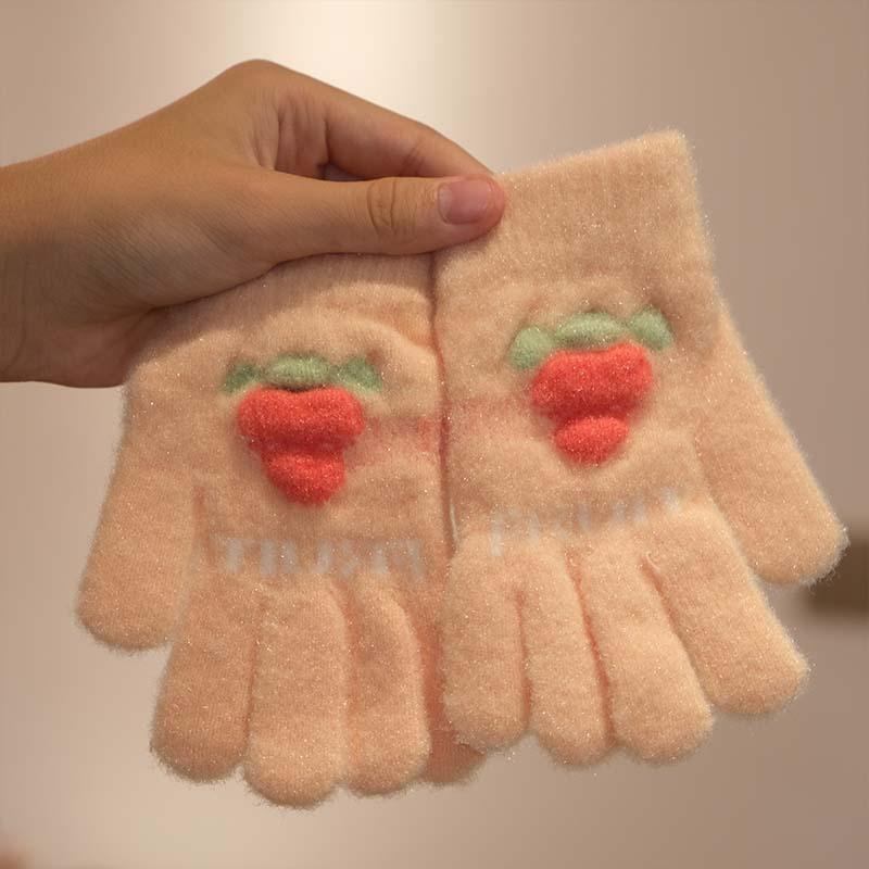 Korean version of cute cartoon children's gloves cycling cold-proof thickened warm gloves creative simple strawberry knitted gloves