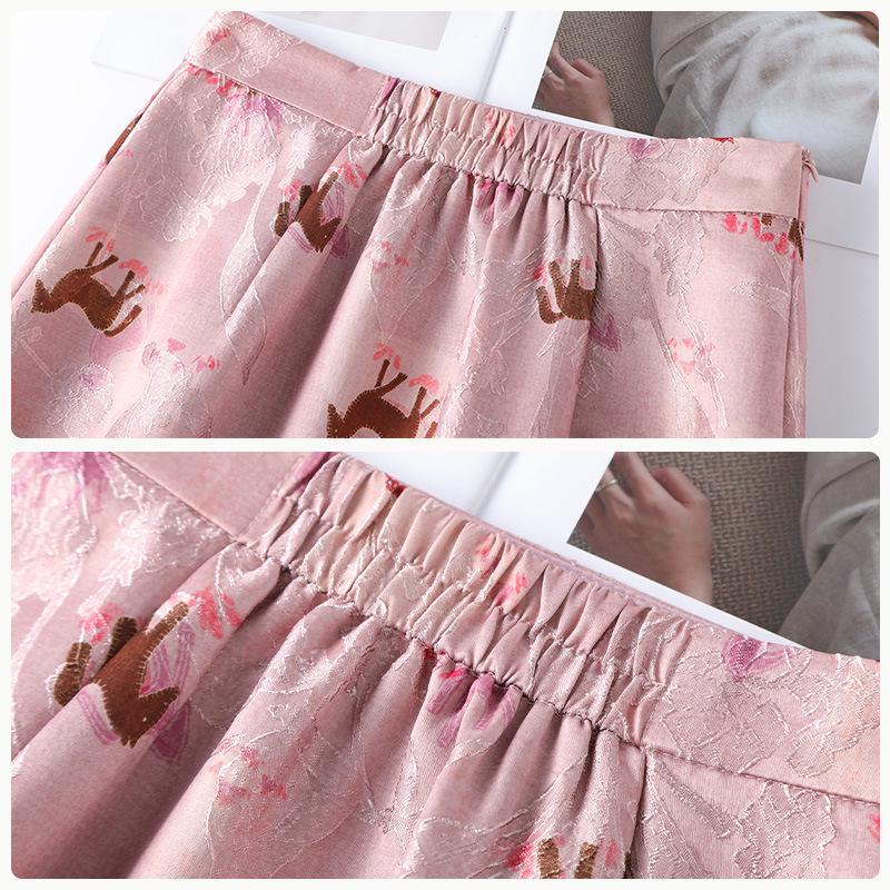 Women's Pink Chinese-Style High Waist Slit Print A-Line Skirt - Spring 2026