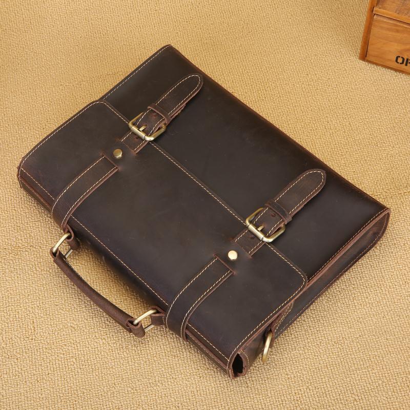 Genuine Crazy Horse Leather Men's Briefcase and Crossbody Bag