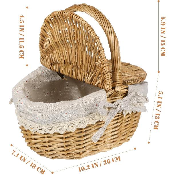Oval Wicker Picnic Basket 1pc Fruit Vegetable Storage Basket Wicker Weaving Camping Picnic with Double Lid Linen Cotton Cloth Lining for Storage and