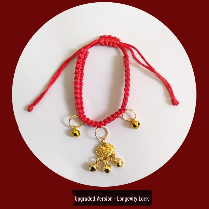 

Handmade Red Cat Collar with Gold Lock & Bell, New Year Woven Necklace Upgraded Version