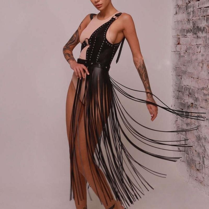 Punk Fringed Waist Belt Long Suspender Belt For Women PU Leather Adjustable Accessory For Party and Stage Performances
