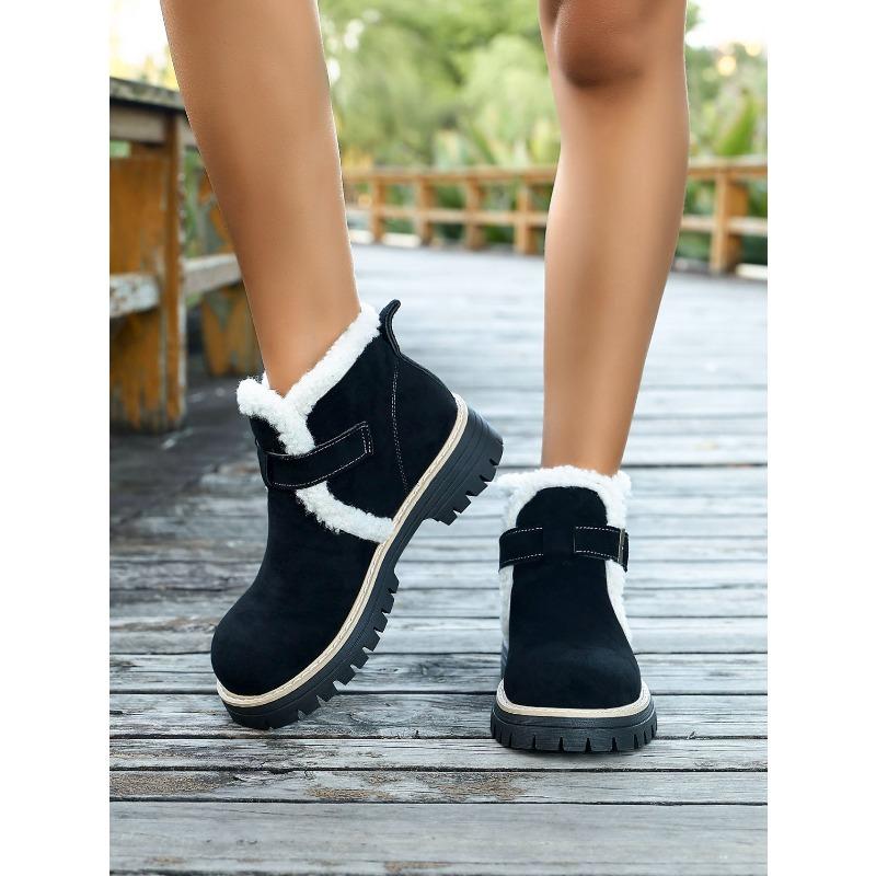 Fleece platform British style plus size cotton shoes women's 2025 winter new warm round toe buckle hairy booties