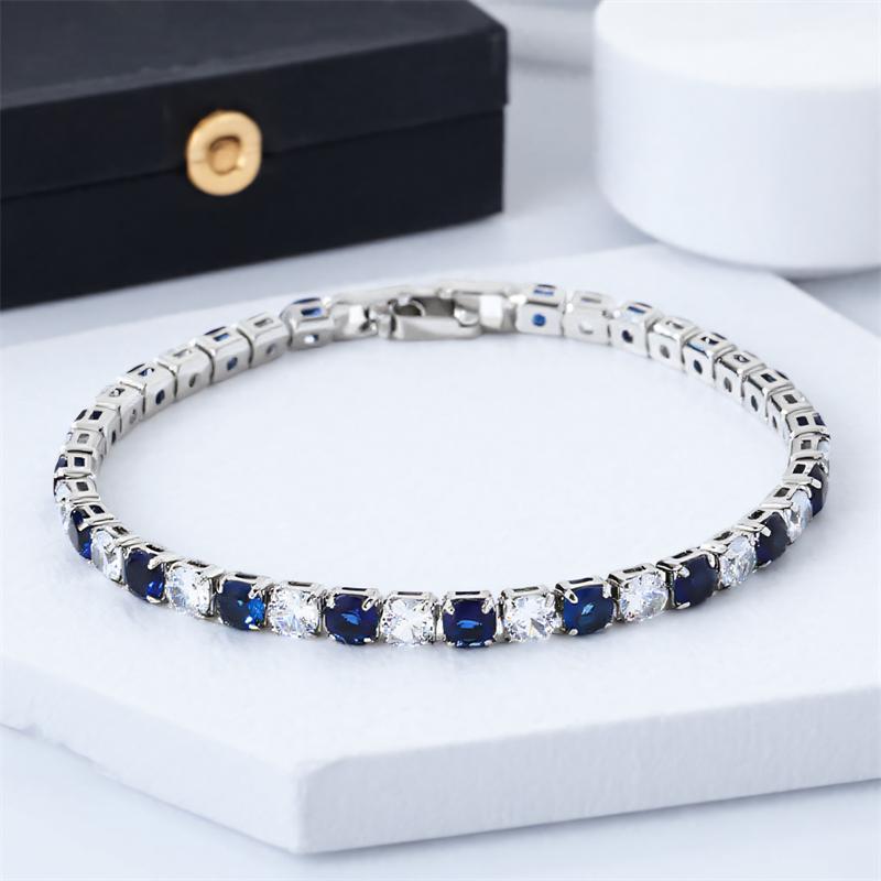 4mm Round Stone Blue Crystal White Zircon 17/19cm Bracelets for Women Vintage Silver Color Chains Bracelet Wedding Jewelry Gifts