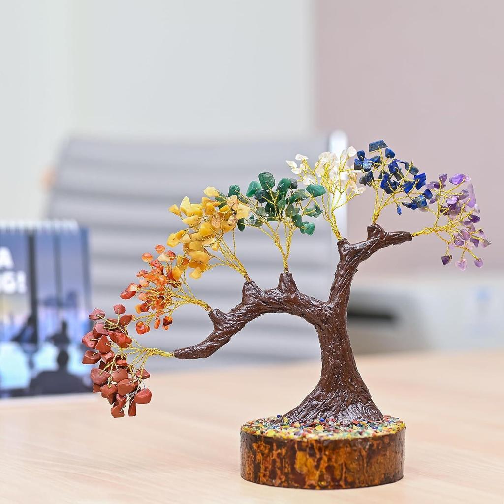 Seven Chakra Crystal Tree – Handmade Feng Shui Bonsai Tree with Natural Gemstones on Wooden Base – Decorative