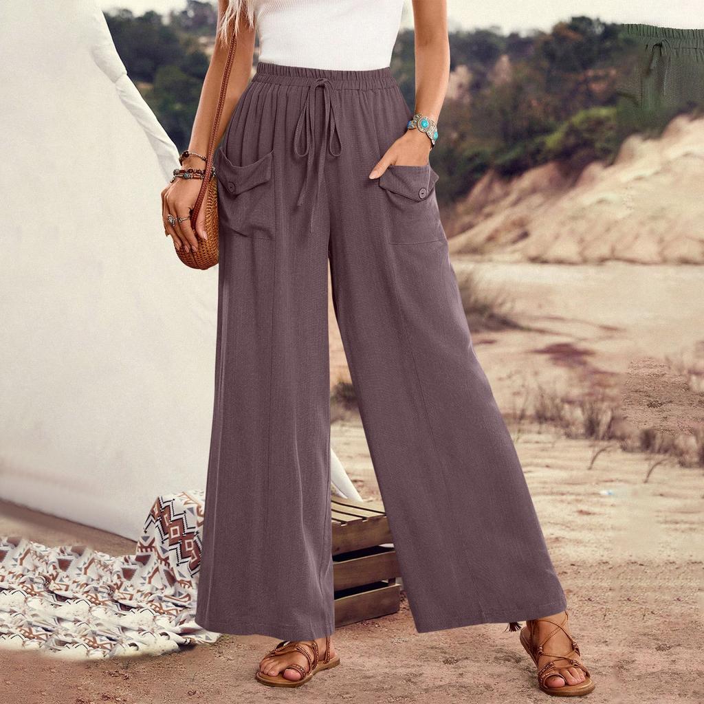 Women's Loose-Fit Casual Wide-Leg Pants With Pockets, Drawstring Waist, And Elastic Waistband