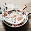 Colorful Floral Ceramic Handled Plate, Creative Decor Food Serving Dish with Solid Wood Handle, Microwave Unavailable