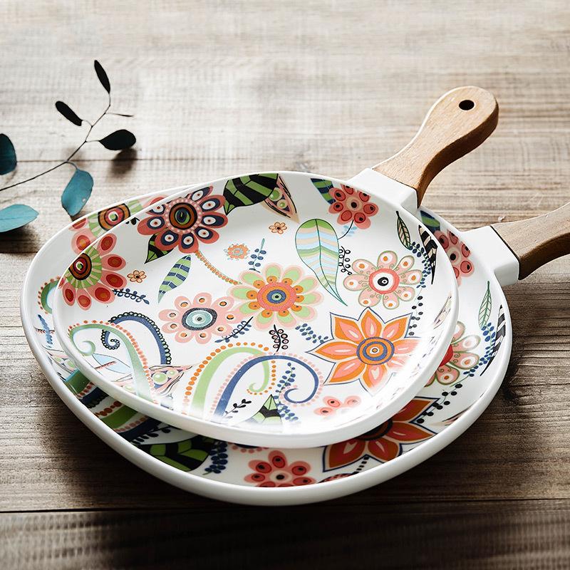 Colorful Floral Ceramic Handled Plate, Creative Decor Food Serving Dish with Solid Wood Handle, Microwave Unavailable