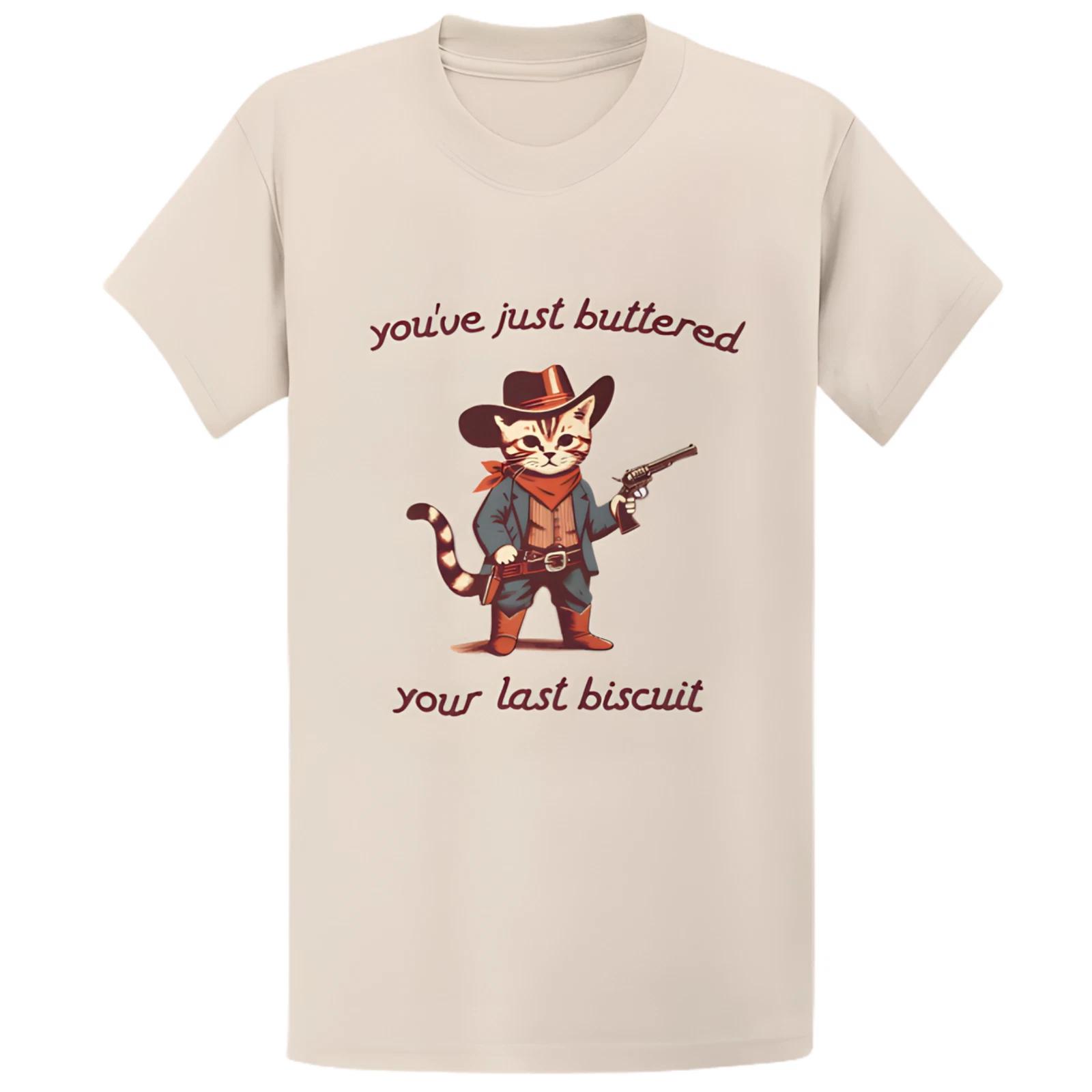 Gildan 5000 Buttered Your Last Biscuit Cowboy Cat T-Shirt, Funny Meowdy Gift Tee XL