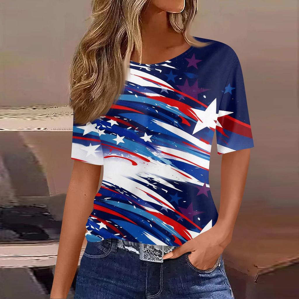 Women's Fashionable Casual Short Sleeve Print Round Neck Pullover Top