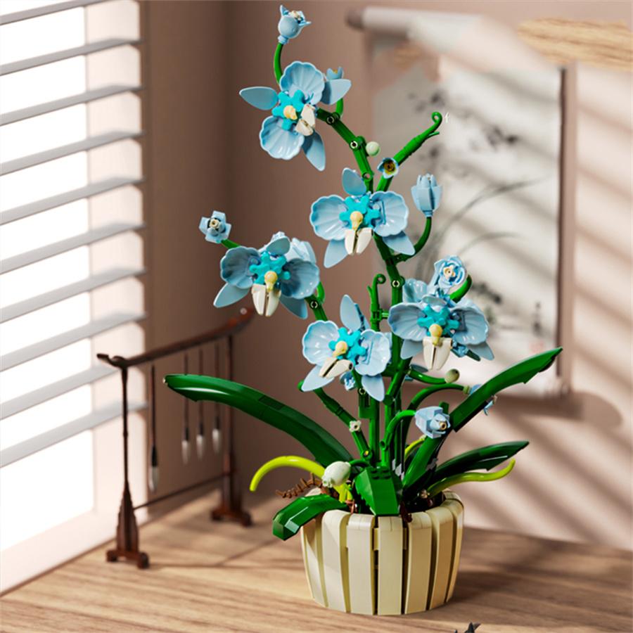 Non-Toxic New Orchid Building Blocks Bouquet Flower Rose Plant Pink Blue Bricks Kid Model Assembly Toys Christmas Valentine'S Day Gift