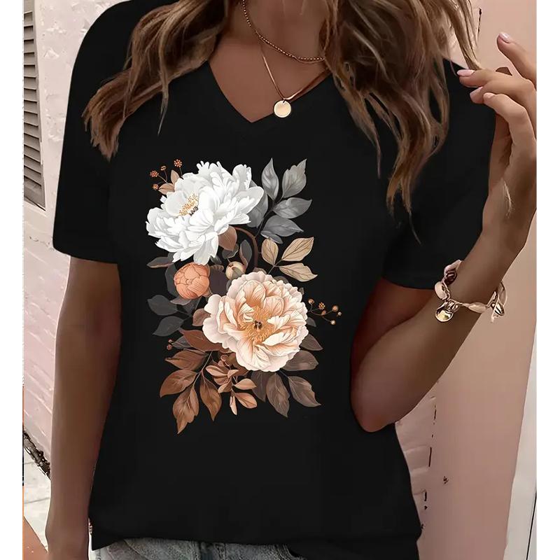 

Fashion Peony Flower Painting Blouses Short Sleeved V-Neck T Shirts Casual XS чорний