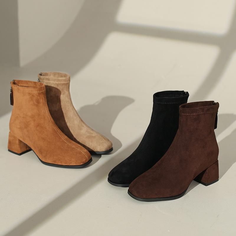 French Suede Velvet Short Boots Autumn and Winter 2025 New Square Head Thin Martin Boots Women's Elastic Thin Boots Thick Heel Boots