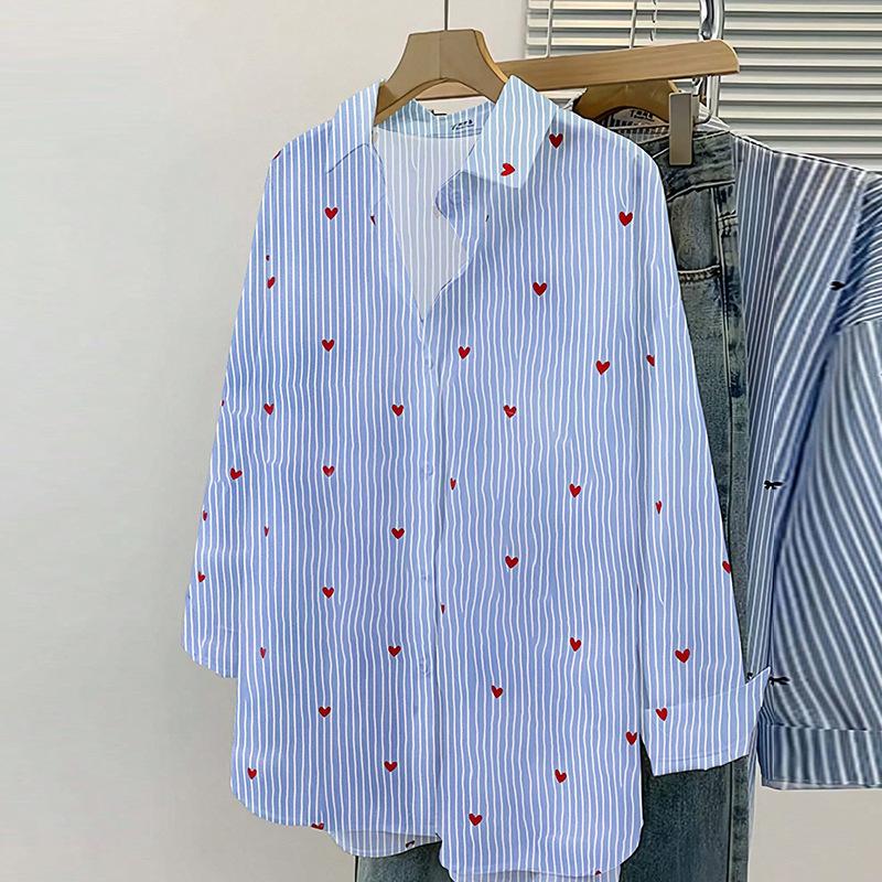 Simple Striped Long-sleeved Shirt for Women's Autumn Commuting Style Blue Single-breasted Shirt Versatile Cardigan