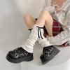 Women Aesthetic Ribbed Knit Stretch Leg Warmer Japanese Boot Cover Sweet Ruffled Lace Trim Bows Leg Sleeve Long Socks