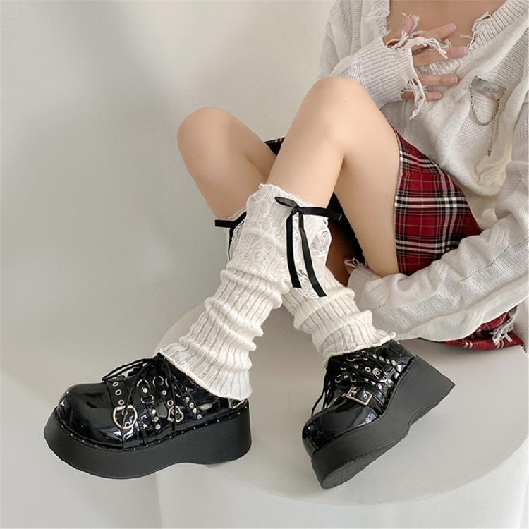 Women Aesthetic Ribbed Knit Stretch Leg Warmer Japanese Boot Cover Sweet Ruffled Lace Trim Bows Leg Sleeve Long Socks
