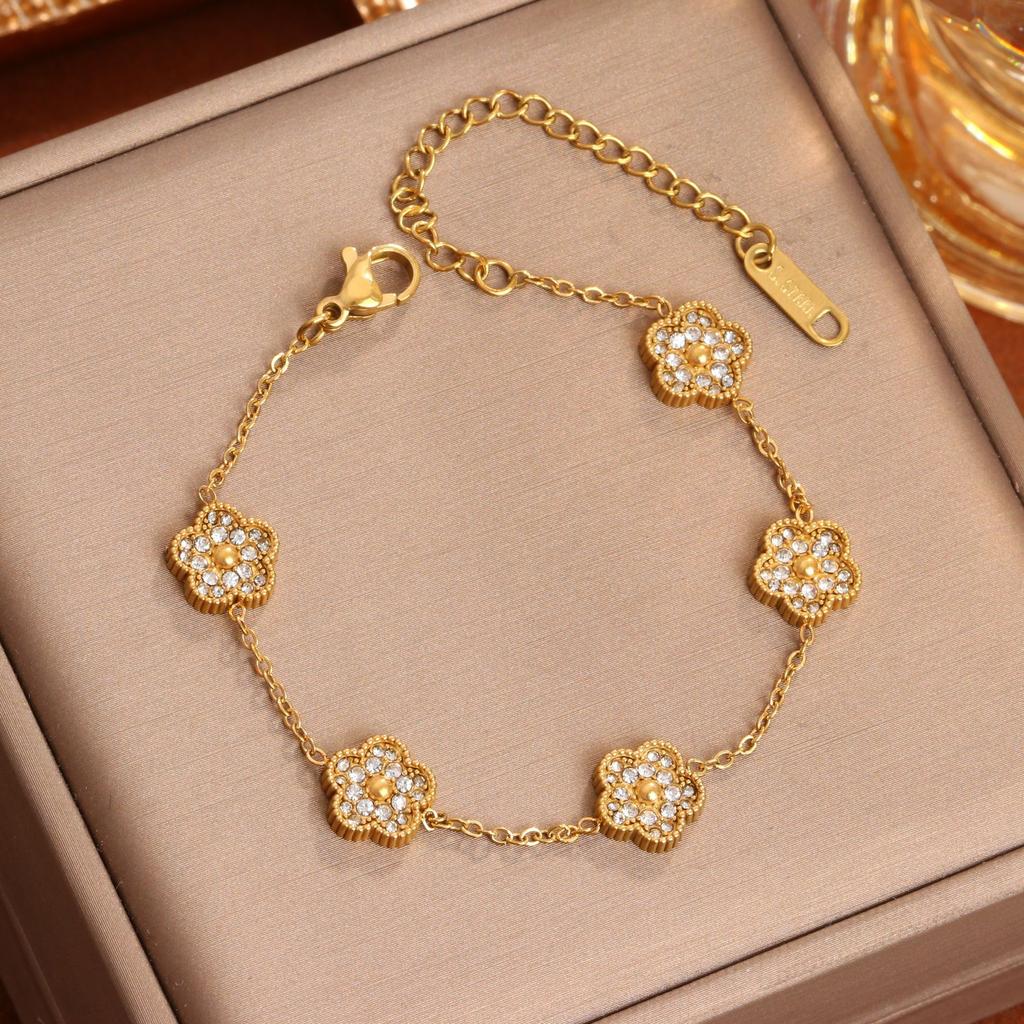 Htpwe Stainless Steel Four-leaf Clover Inlaid Zirconium Small Bracelet Women 18k Gold Couple Holiday Gift Bracelet Party Zircon