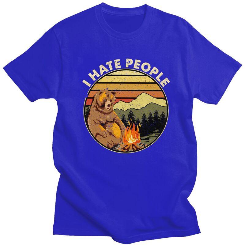 Custom Mens Bear Camping I Hate People T Shirts Short Sleeve Cotton Tshirts Casual Adventure Capmer Tees Loose Fit Clothing