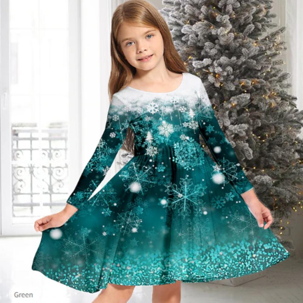 Girl Casual 3D Snow Gradient Print Round Neck Long Sleeve Dress Kid Princess Dress