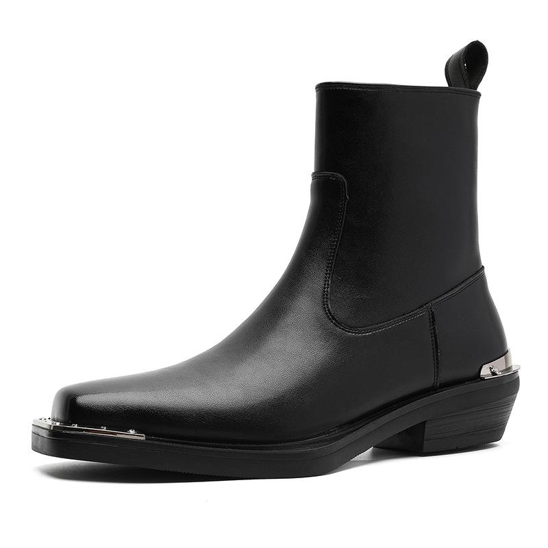 Men Fashion Punk Rock Genuine Leather Boots Designer Square Toe Shoes Cowboy Cool High Boot Black Brown Long Chelsea Botas Male