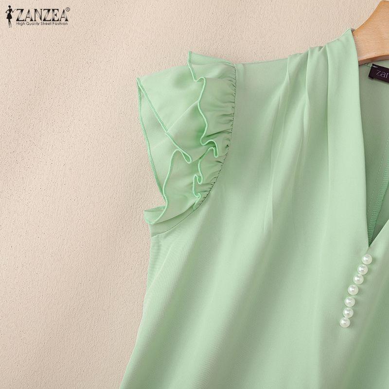 ZANZEA Women Casual V-Neck Ruffles Short Sleeve Elegant Blouse