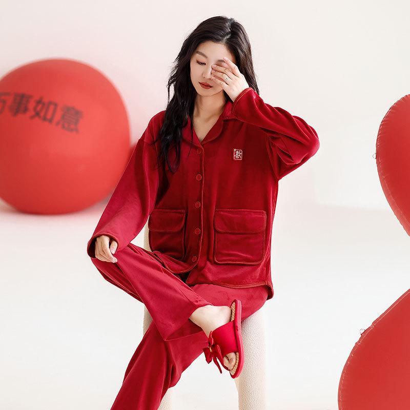 Couple pajamas big red suit natal year marriage newlywed men and women winter island fleece fleece autumn and winter small man