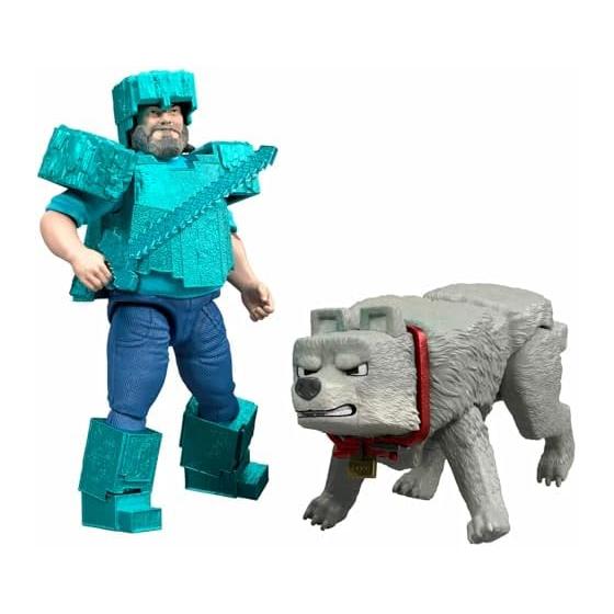 Minecraft The Movie Mattel 4 Inch Action Figure Man s Best Wolf Pack (Diamond Armor Steve & Dennis) / Movie 2025 Live Action Game Goods Doll Toy