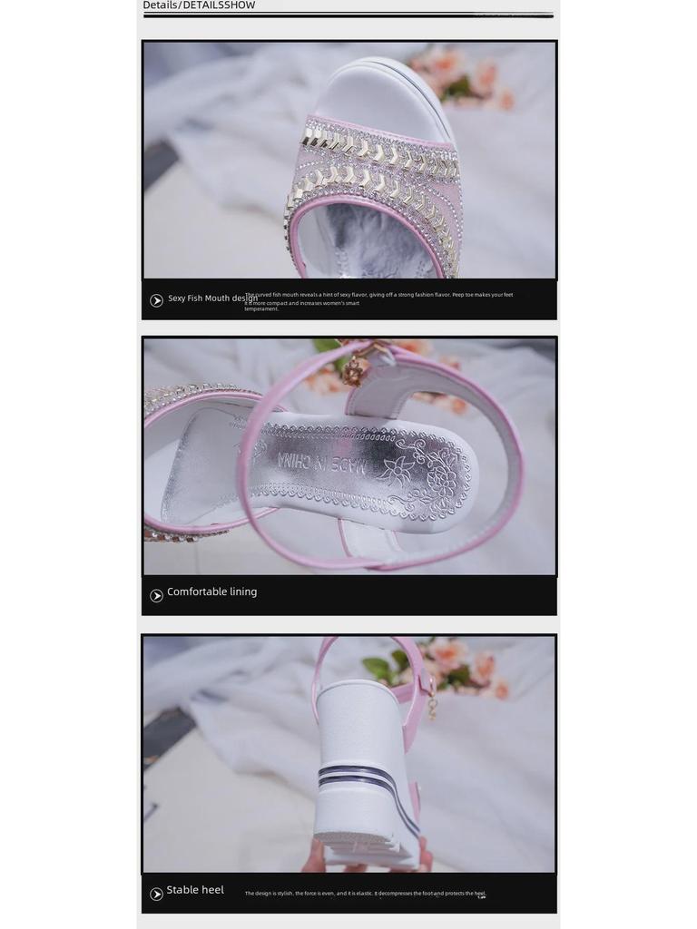 Γυναικεία Καλοκαιρινά Σανδάλια Σφήνα - Στρας, Με Μονό Κούμπωμα, Σχέδιο Peep Toe