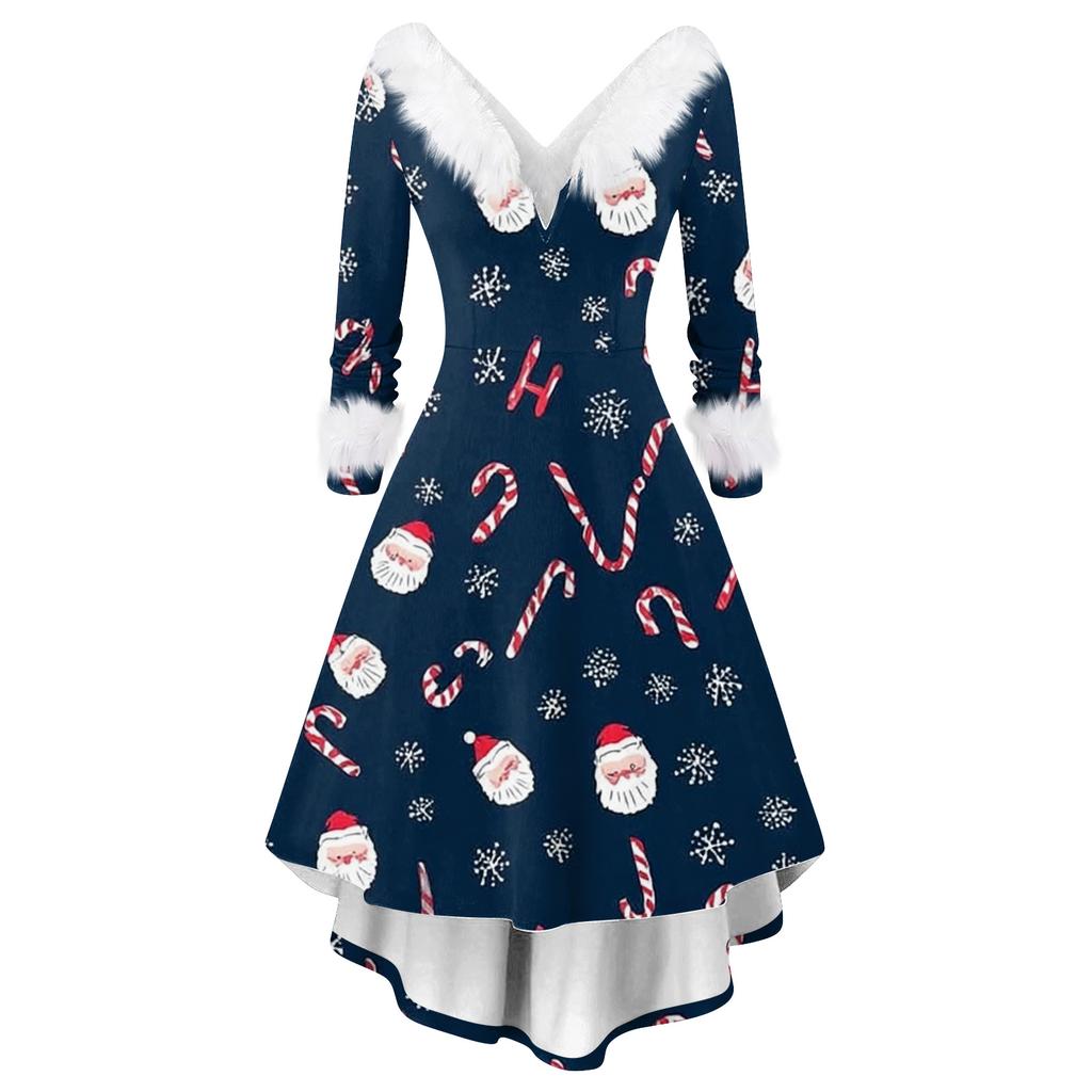 Women's Fashion Elegant Autun And Winter Long Sleeve V-Neck Christmas Print Dress