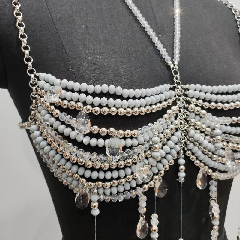 Women's Glass Crystal Beads Body Jewelry Multi Layered Chest Chain Bralette For Music Festival And Photoshoot Costumes