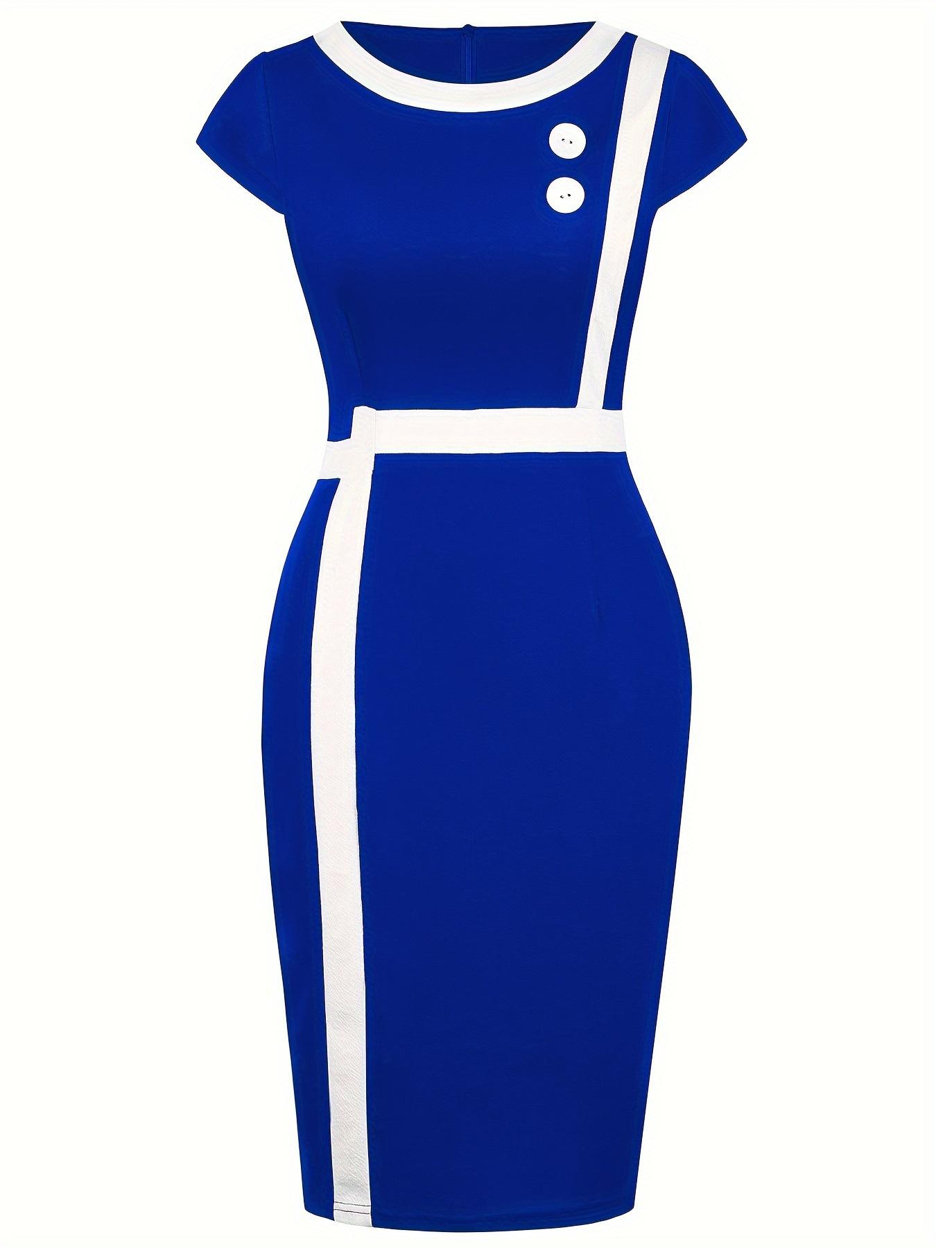 

Женское вечернее платье с круглым вырезом, без рукавов, подходящее по цвету, облегающее, с высокой талией, декором на пуговицах, длиной до колена, формальное, деловое, выпускного, банкета, миди XL синий