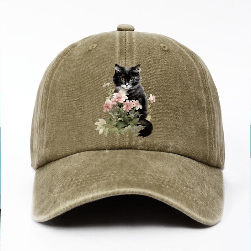 Kitten with Pink Flowers Print Baseball Cap Casual Adjustable Cotton Outdoor Hat Unisex Cap