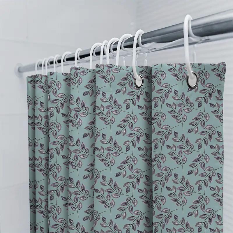Classic Leaf Pattern Shower Curtain Set Soft Waterproof Fabric For Bathroom Decor (Light Blue)