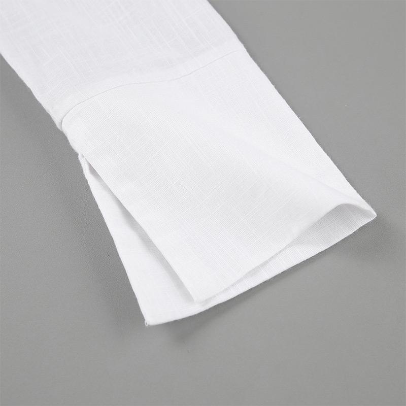 Witte Katoen en Linnen Slim Ruffles Rand Jurk Dames Slim Heupomsluitende Jurk Revers Lange Mouwen Mode Lente en Zomer