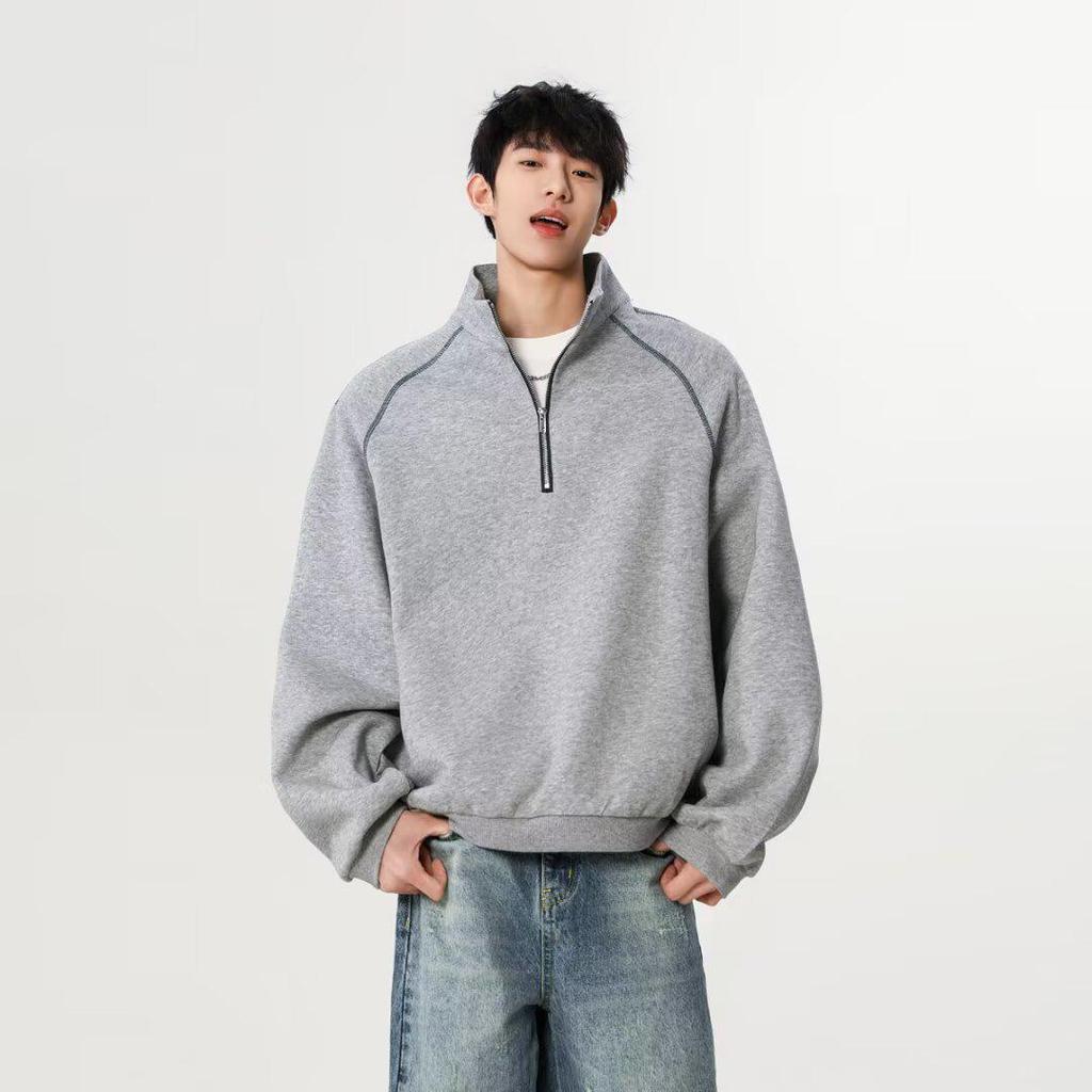 Men's American Street Style Double-Sided Fleece Half-Zip Long-Sleeve Solid Color Base Layer Top