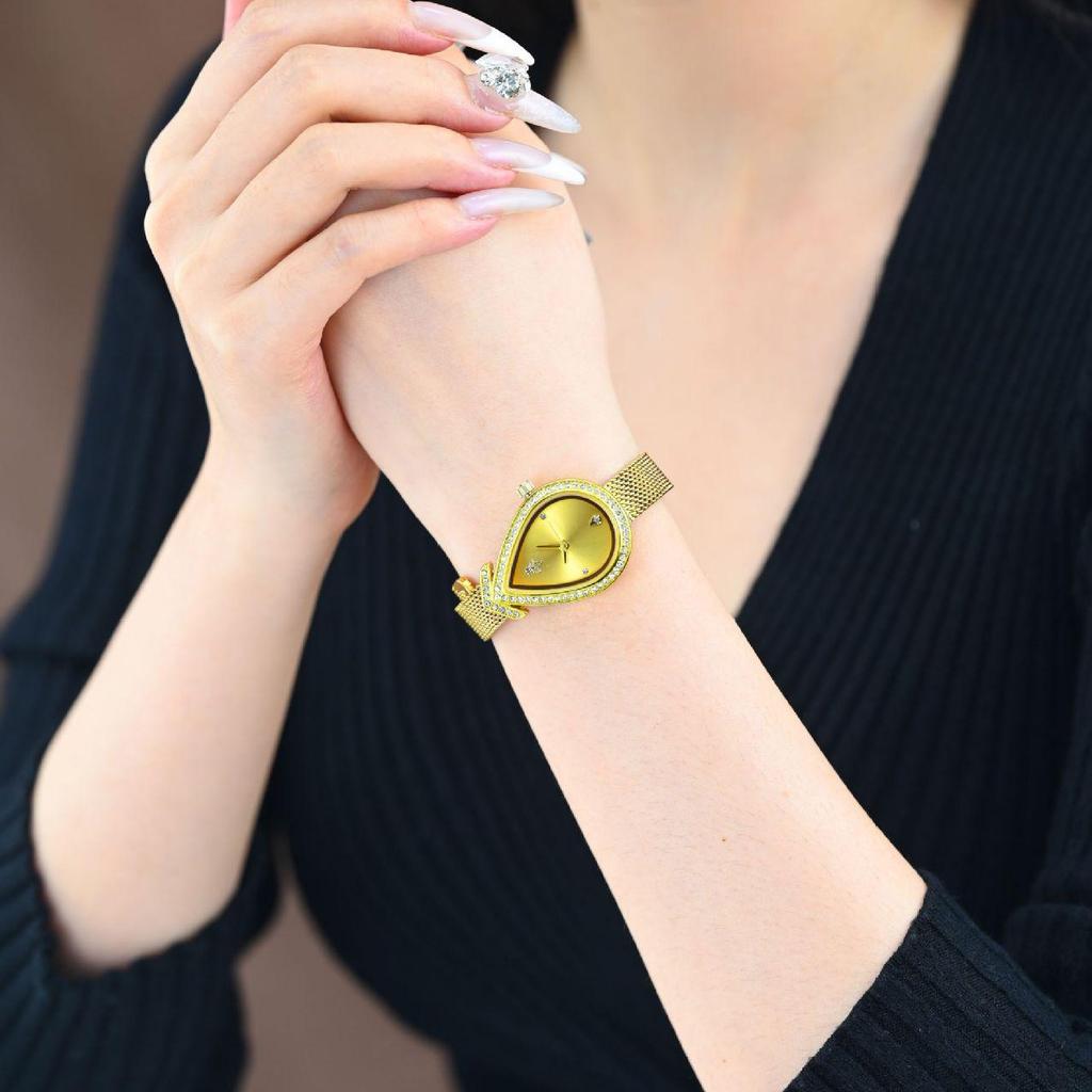 Elegant Diamond Crystal Quartz Watch for Women Fashion Golden Mesh Band Ladies Wristwatch Unique Design