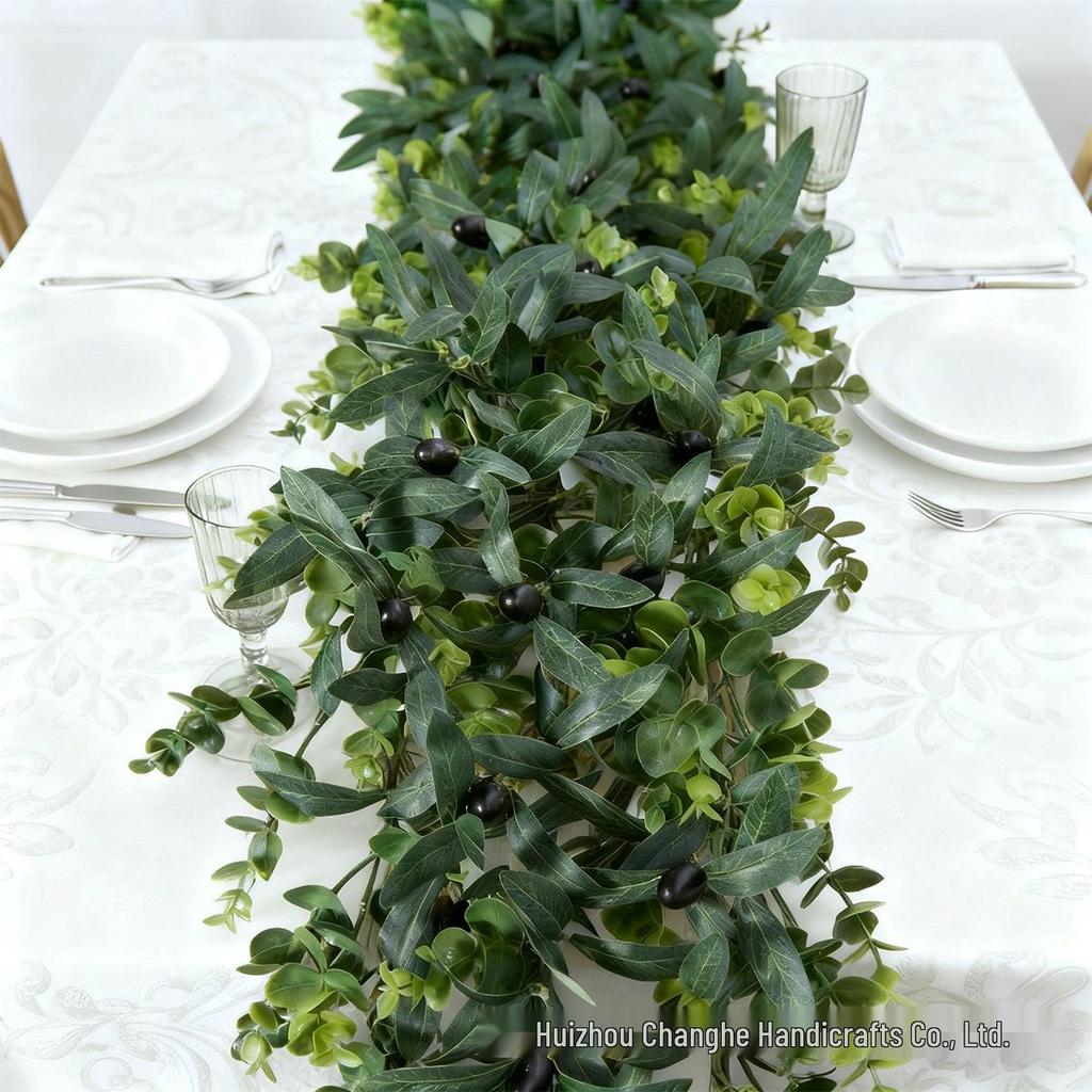 Simulated Green Olive & Eucalyptus Plant with Fruit Rattan Pine Cypress Vine for Wall Decoration.