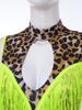Women Leopard Print Latin Bodysuit Oversleeve Tassel Keyhole Backless Hollow Waist Button Crotch Leotard