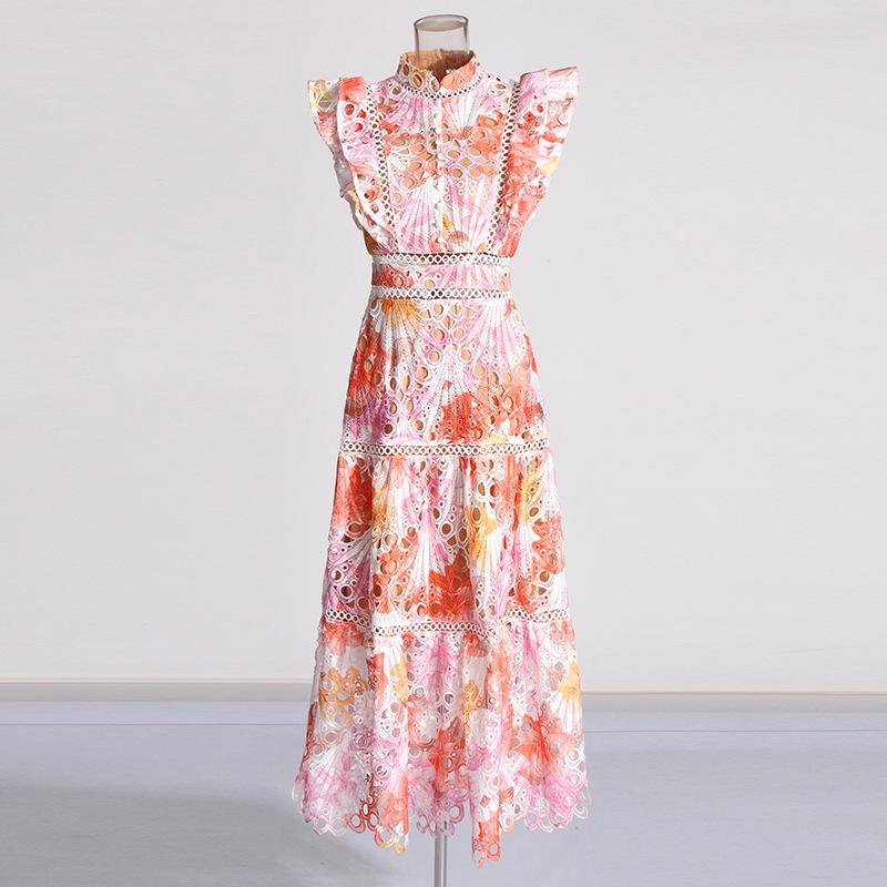 

Элегантная французская длинная юбка: Весеннее кружевное платье без рукавов с вышивкой и воротником-стойкой для женщин, 2025 XL