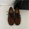 Leopard Print Leather Round Head Lace-up Women's Single Shoes Retro Women's Flat British Style Small Leather Shoes