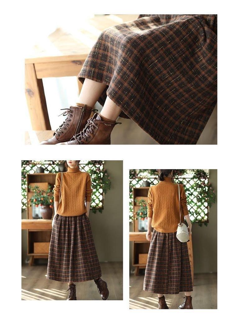 Fustă Midi A-line din Lână Carouri - Talie Elastică pentru Femei Stil Toamnă/Iarnă