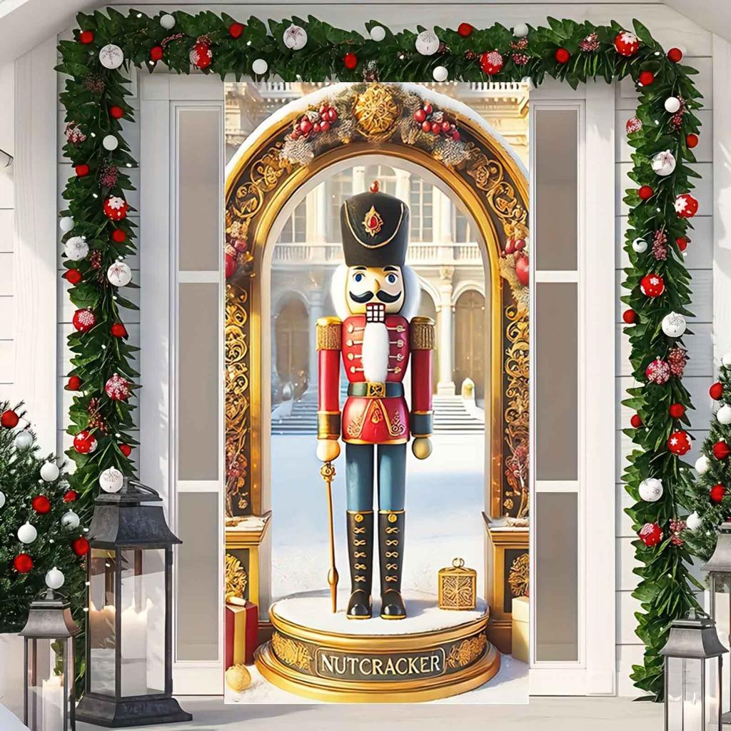 Christmas Nutcracker Door Cover Door Gingerbread Banner Xmas Outdoor Decoration for Front Door Porch Christmas Party Supplies
