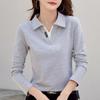 Damen Poloshirt Koreanischer Herbst Baumwolle Einfarbig Langarm V-Ausschnitt T-Shirt Patchwork Damen Poloshirts für Damen