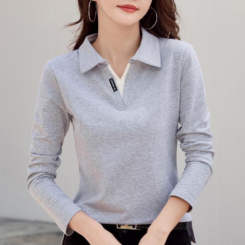 Damen Poloshirt Koreanischer Herbst Baumwolle Einfarbig Langarm V-Ausschnitt T-Shirt Patchwork Damen Poloshirts für Damen
