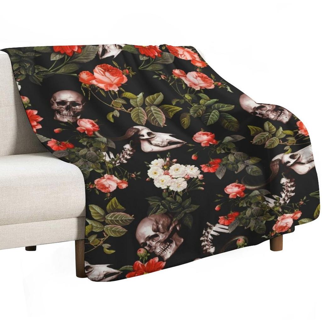 Skull and Floral Pattern Throw Blanket No Pilling Soft Warm Blanket for Bed