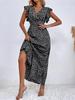 V-Ausschnitt Bedrucktes Kleid Taillenbetont Langer Rock mit Rüschenkante Elegantes Kleid für Damen Ärmellos Lockere Kleider Freizeitkleid