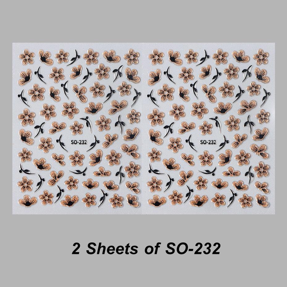 2pc 3D Black Gold Glitter Flower Nail Decal Shiny Petals Leaves Nail Art Sticker Watercolor Daisy Floral Adhesive Manicure Decor
