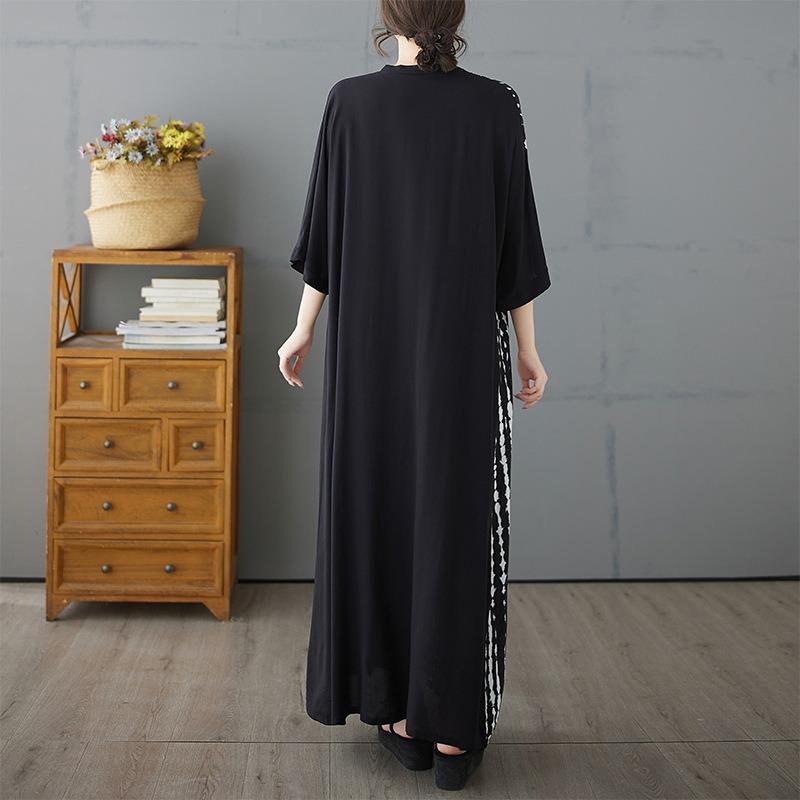 Summer new cotton and linen literary and retro contrasting colors loose V-neck foreign trade dress women's clothing